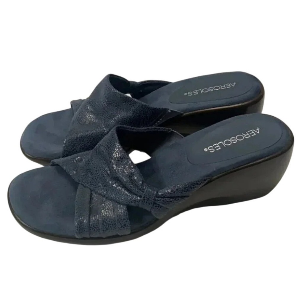 Aerosoles Navy Blue Textured Wedge Slide Sandals Womens 8.5 Open Toe Mules